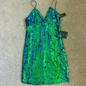 lulus green and blue sequined bodycon mini dress (M)